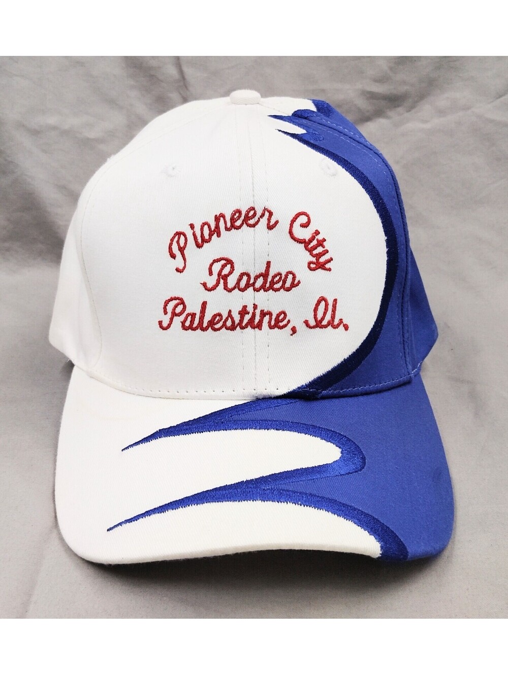 Vintage Nissin Pioneer City Rodeo Palestine Illinois Hat White Blue Adjustable